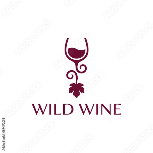 Elegant wine glass with organic vine leaf icon for luxury winery and vineyard bar business logo isolated on white background WILD WINE