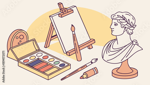 Fine Art Supplies Outline Illustration Easel Canvas Watercolor Palette and Sculpture Bust for Creative Hobby Education Workshop