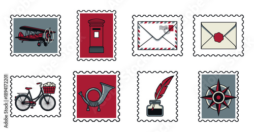 Vintage Postal Aesthetic Delivery Symbol Stamp Collection for Retro Stationery Design