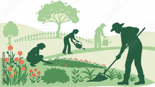 Community Garden Team Working Together Planting Flowers and Digging Soil Green Silhouette Illustration of Spring Volunteering and Sustainable Growth