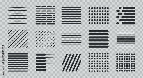 Collection of abstract black lines and patterns on a transparent background