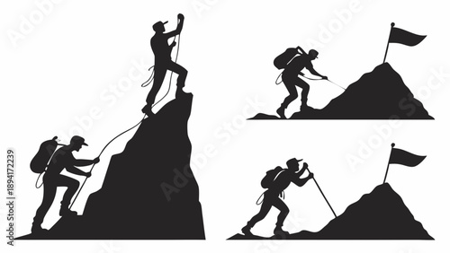 Determined Mountaineer Climbing to Summit Flag Victory Icon Set for Business Success and Goal Achievement Motivation Graphics