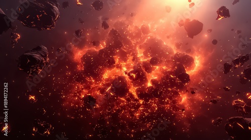 Fiery explosion of space debris with a bright orange glow. The debris is scattered throughout the scene