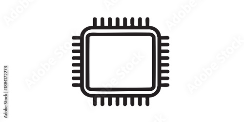 CPU vector icon, black design, minimal outline style, simple computer processor and technology symbol, isolated on transparent background