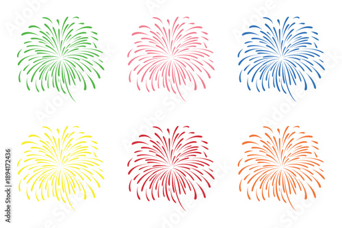 Colorful firework displays in red green blue yellow and orange hues