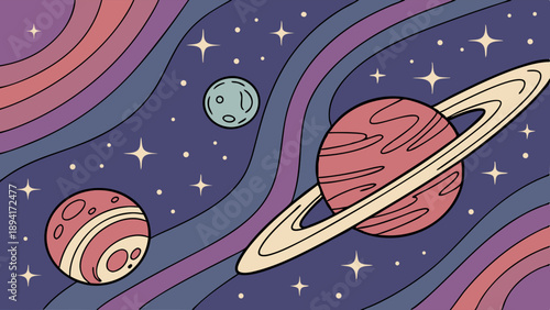 Vintage Psychedelic Space Background Groovy Saturn Planet Illustration Cosmic Wavy Galaxy Design Aesthetic Poster Art