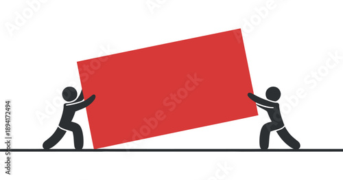 Two silhouetted figures straining to push a large solid red rectangular shape