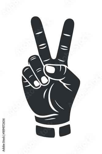 Black and white illustration of a hand making the peace sign gesture