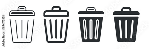 Four black and white illustrations of trash cans with varying designs