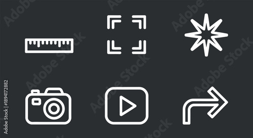 Minimalist white line icons on dark background ruler camera play and more