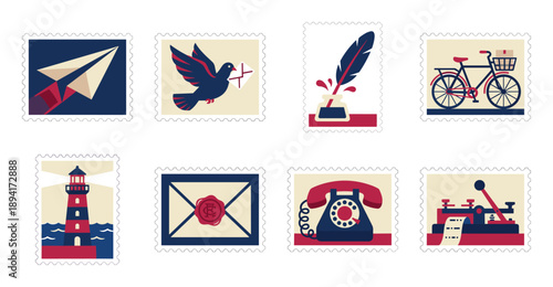 Vintage Flat Style Communication and Correspondence Postage Stamp Collection for Retro Stationery Design