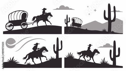 Western Frontier Silhouettes Cowboy Riding Horse and Covered Wagon Traveling Desert Landscape Vector Graphic Set