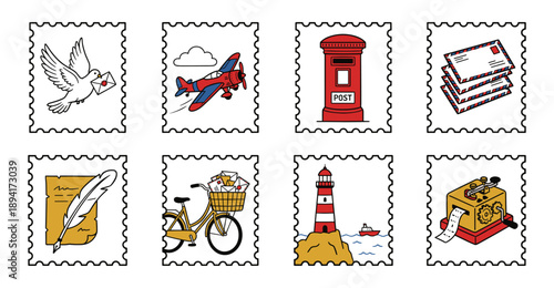 Minimalist Vintage Communication and Mail Delivery Postage Stamp Set for Nostalgic Correspondence Design