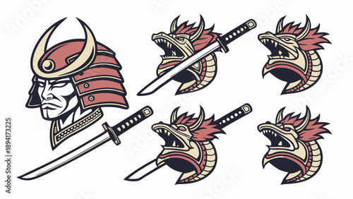 Aggressive Japanese Dragon Mascot Logo Set with Katana Sword and Samurai Helmet for Gaming or Martial Arts Branding