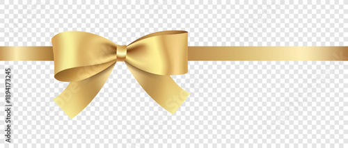 Beautiful gold bow with horizontal ribbon isolated on transparent background made in realistic style. Vector illustration.	