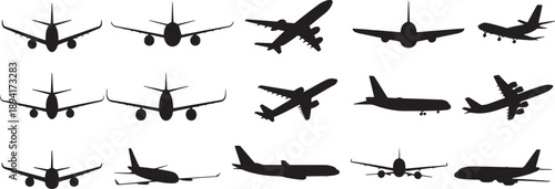 Collection of various airplane silhouettes in different flying positions