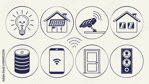 IoT Smart Home Automation Icons Set Energy Management Security and Mobile Control Technology Illustration
