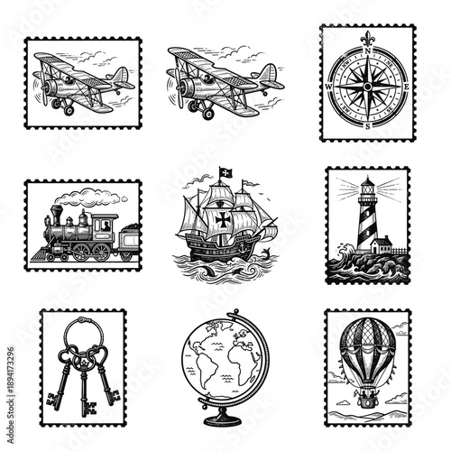 Vintage Hand Drawn Woodcut Travel Elements and Nautical Postage Stamps Collection for Scrapbooking Stationery