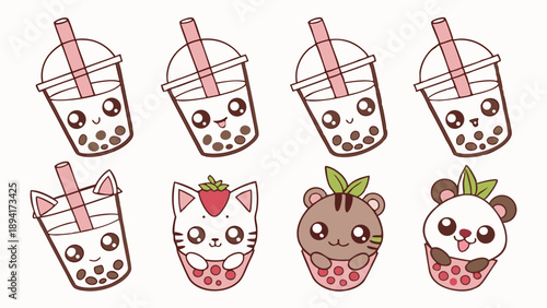 Kawaii Bubble Tea Characters Set Adorable Boba Drink Illustrations with Panda Cat and Tiger Mascots for Stickers and Sweet Merchandise Design