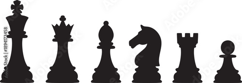 Black chess pieces on transparent background for game strategy