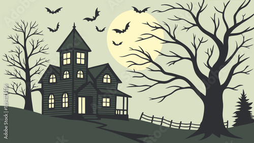 Haunted House Silhouette Eerie Gothic Mansion under a Full Moon with Flying Bats Spooky Halloween Night Illustration for Seasonal Web Design and Horror Promotion.