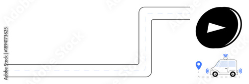 Autonomous vehicles, smart navigation, transportation innovation, future mobility, technology integration, route mapping. Minimalistic design showing a car with wireless signals and a navigation
