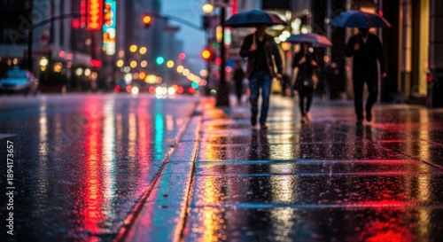 Wallpaper Mural People with umbrellas walk along a wet city street at night illuminated by lights Torontodigital.ca