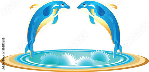 Vector illustration of a dolphin jumping over a blue ocean wave with a sun and clouds in a summer nature landscape abstract background design