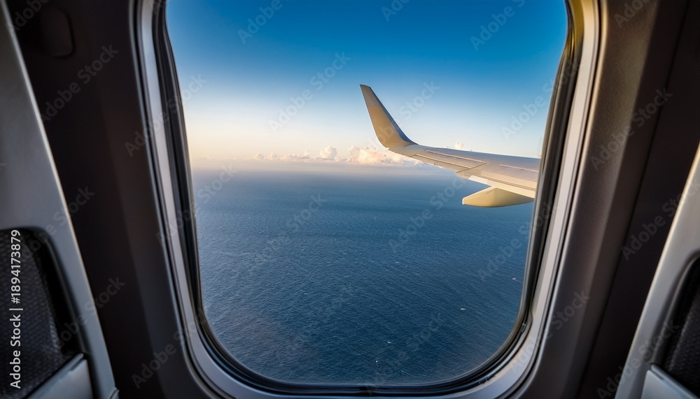 Naklejka premium a view through the cargo door of an airplane showcasing the sea and sky in flight
