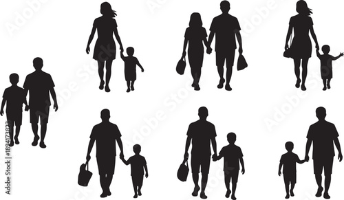 Black and white silhouette of families walking together, representing togetherness, childhood, and parent-child bonding.