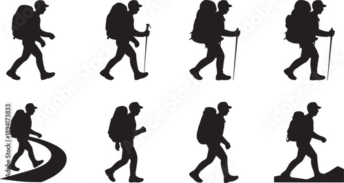Silhouettes of hikers with backpacks and trekking poles, illustrating adventure, exploration, and outdoor activities.