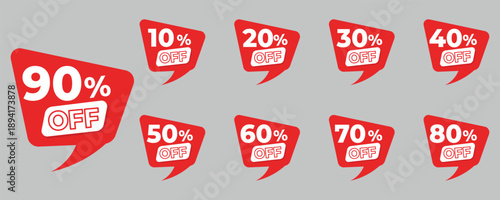 Discount speech bubbles with percentages off, red and white, for sales and promotions on a gray background