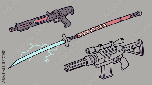 Futuristic Sci Fi Weaponry Illustration Set Energy Sword Plasma Blade Sniper Rifle and Assault Gun Assets for Gaming and Fantasy Media