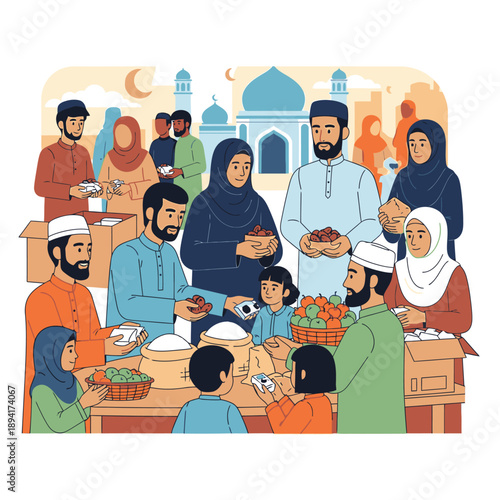 Muslim family gathering for iftar meal during Ramadan.