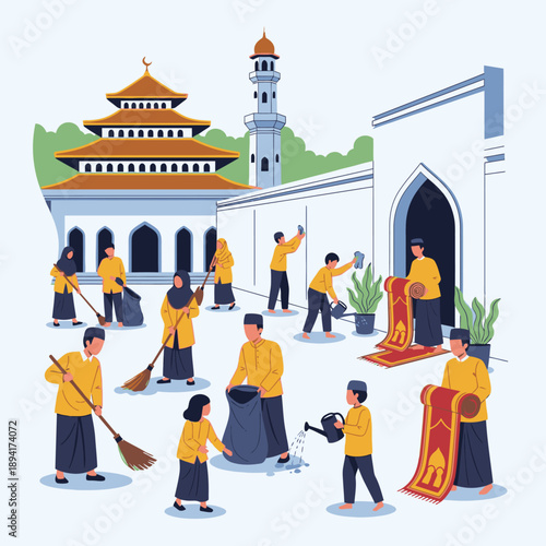 People cleaning a mosque courtyard with traditional attire.