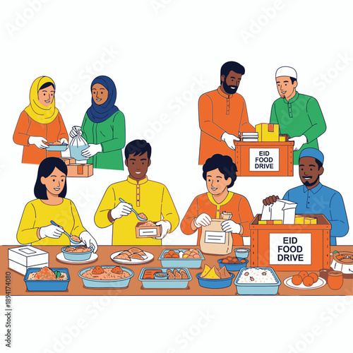 Diverse group of people serving food at Eid celebration.