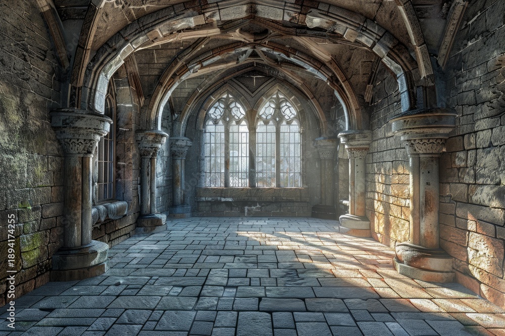 Fototapeta premium Sunbeams illuminating the interior of an old stone chamber through a large gothic window, creating a mystical atmosphere