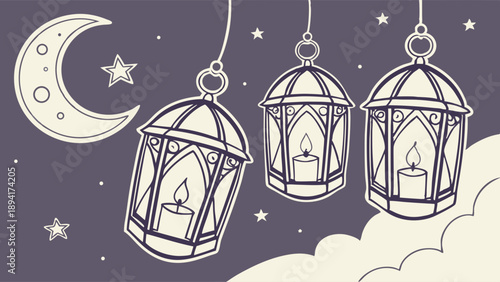 Monochrome Line Art of Hanging Ramadan Lanterns and Crescent Moon in Night Sky for Islamic Holy Month Celebration Banner Design
