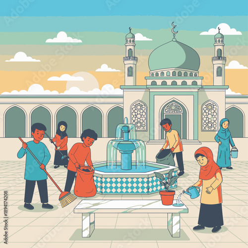People cleaning courtyard of a mosque with fountain.