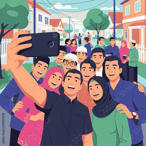 Diverse group of people taking a selfie together in a suburban neighborhood.