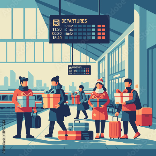 Busy airport scene with travelers and luggage at departures board.