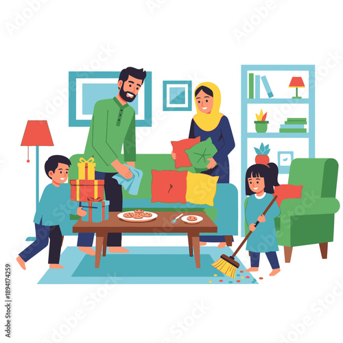 Family cleaning and organizing living room together happily.