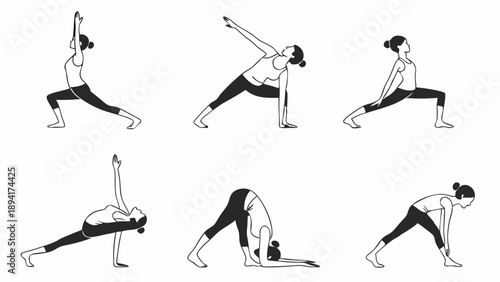 Yoga Poses Sequence Diagram Fitness Workout Training Asanas Illustration Health Wellness Exercise Strength and Balance