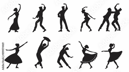 Dynamic Dance Silhouettes Vector Illustration Set People Posing for Party Celebration Performance and Cultural Event Design Elements