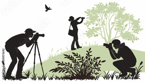 Nature Photographers and Birdwatchers Exploring Wildlife Outdoors Silhouette Vector Illustration