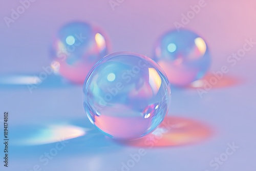 surreal photography, flat lay of bright distorted lens with fisheye view, chrome spheres, soft pink-blue gradient background, even light, large negative space