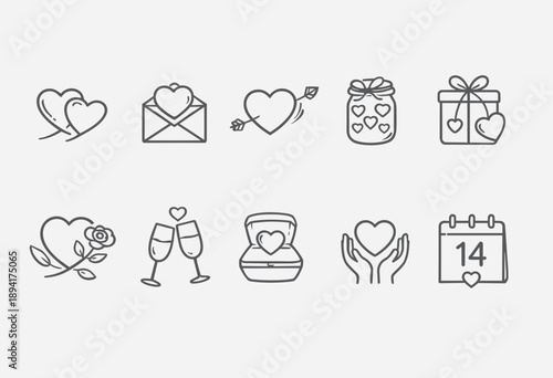 Fotografi Minimalist Valentine’s Day icon set featuring hearts, gifts, ring, flowers, envelope, toast and calendar