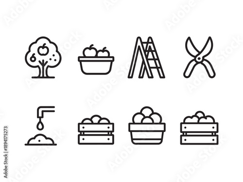 Orchard and Fruit Harvesting Icons - Apple Tree, Basket, Ladder, and Pruning Shears