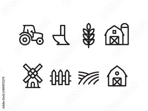 Agriculture and Farming Equipment Icon Set - Tractor, Barn, Windmill, and Fields