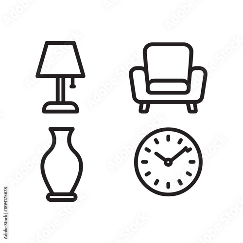 Home Interior and Decor Furniture Icons Lamp, Armchair, Vase, and Wall Clock